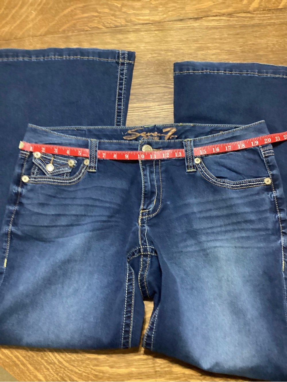 Seven7 Women's Dark Blue Flare Leg Jeans with Embroidered Pockets - Picture 12 of 13
